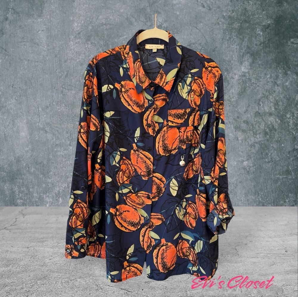 Alain Murati Long Sleeve Shirt Blouse Blue Orange Colorful Size Large